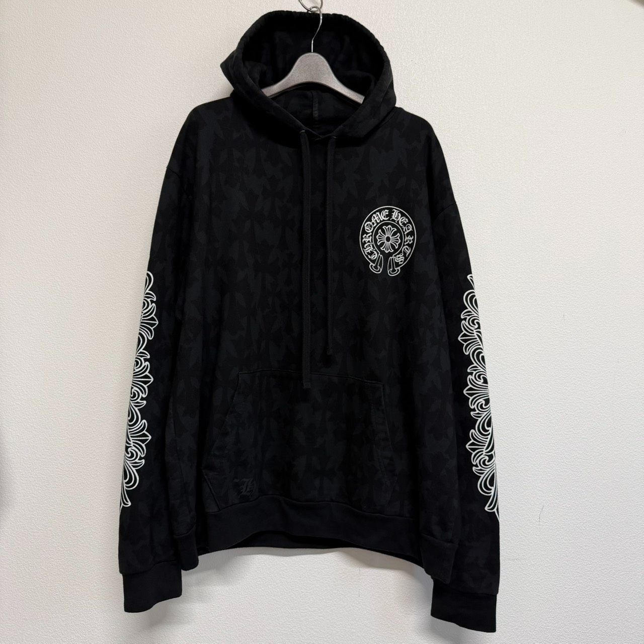CHROME HEARTS クロムハーツ パーカー プルオーバー 長袖スウェット 総柄 黒 ブラック セメタリークロス メンズ レディース Lサイズ 中古 2813