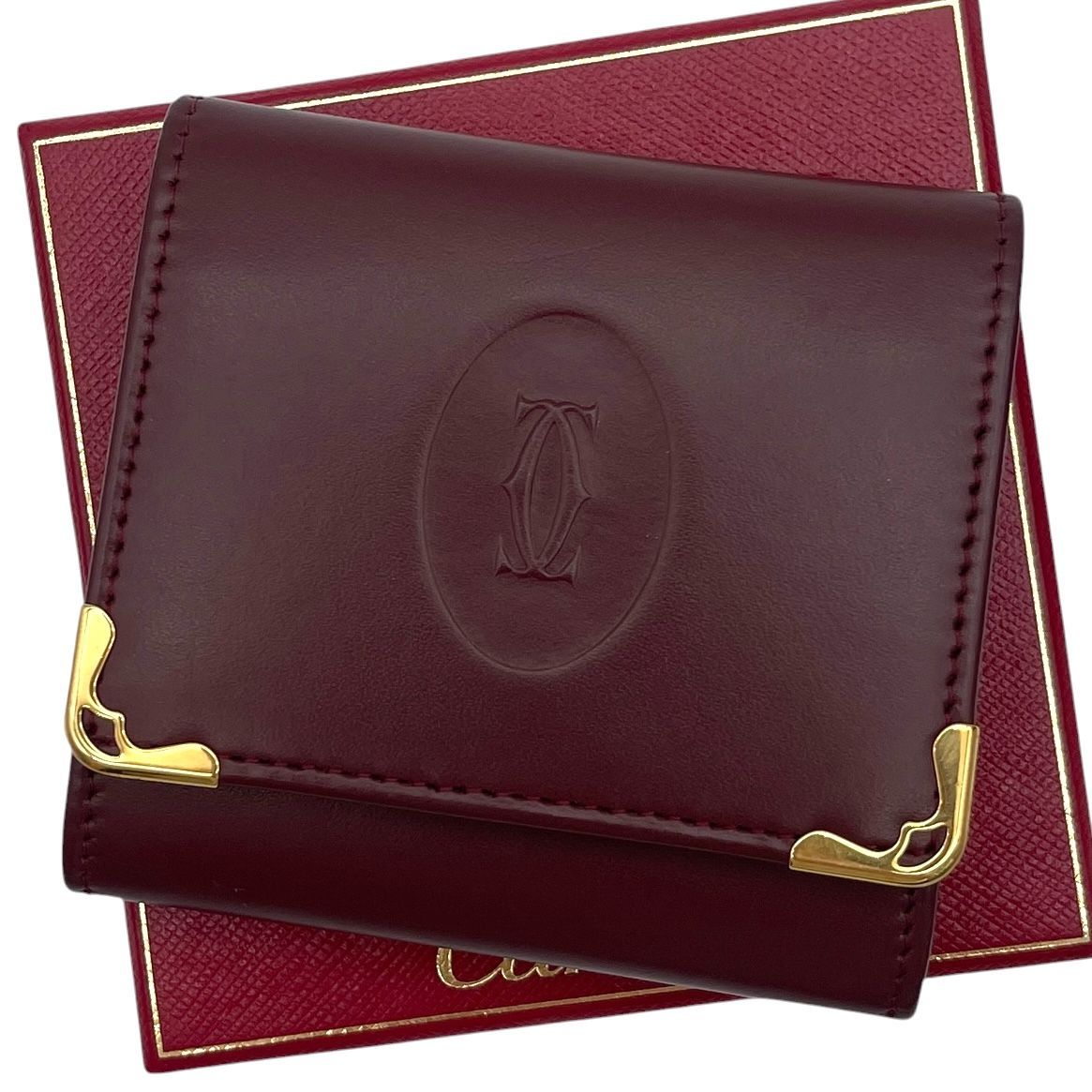 美品 Cartier カルティエ マストライン スクエアコインケース 小銭入れ レザー 本革 ボルドー 2Cロゴ 財布 小物 箱付き