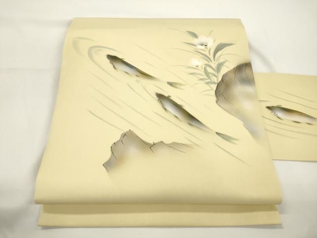 平和屋着物●塩瀬　九寸名古屋帯　手描き　魚　金彩　正絹　逸品　CABJ9314dy