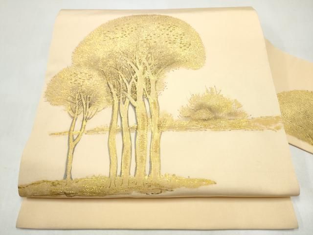 平和屋着物●塩瀬　九寸名古屋帯　枝松文　金彩　正絹　逸品　CABJ8666hy