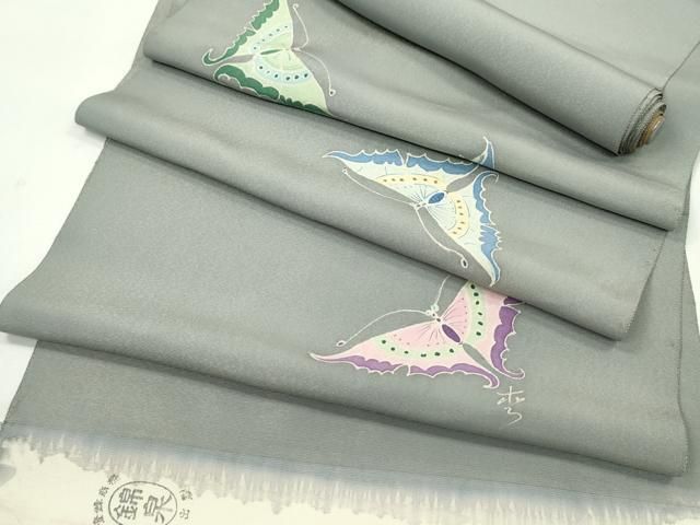平和屋着物●名古屋帯　反物　友禅　蝶　金通し地　逸品　未使用　CABJ1455ju