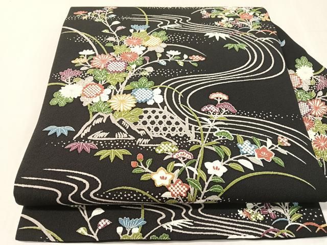 平和屋着物●全通柄　九寸名古屋帯　流水花文　正絹　逸品　CABJ7573vp
