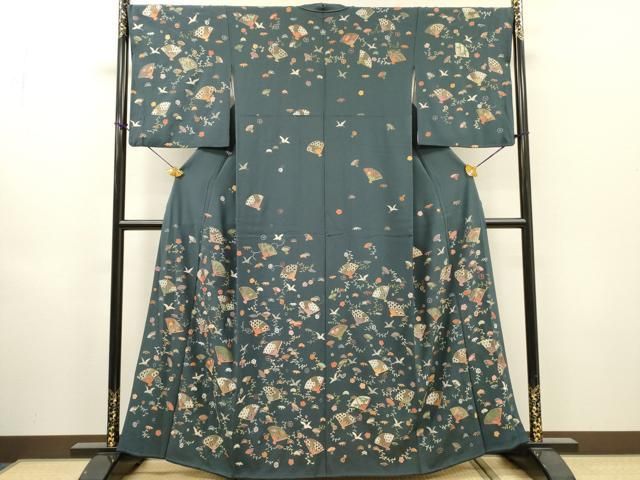 平和屋着物●訪問着　総刺繍　扇面飛鳥花文　金糸　正絹　逸品　DABH7606fe