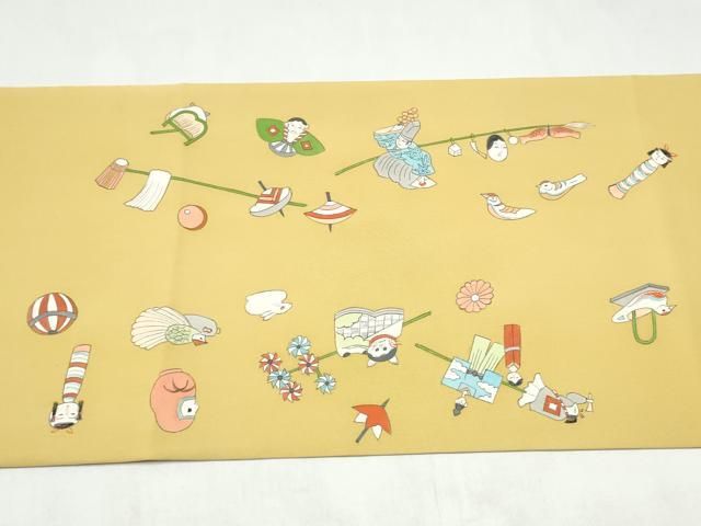 平和屋着物●塩瀬　九寸名古屋帯　手描き　玩具文　金彩　正絹　逸品　CABJ8648hy