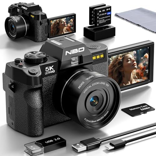 N★NBD 5K 6400万画素 デジタルカメラ 16倍ズーム 一眼レフカメラ 180°フリップスクリーン | オートフォーカス Wi-Fiとアプリ制御 32GB TFカード＆2個のバッテリー付属 (ブラック) bebd626d