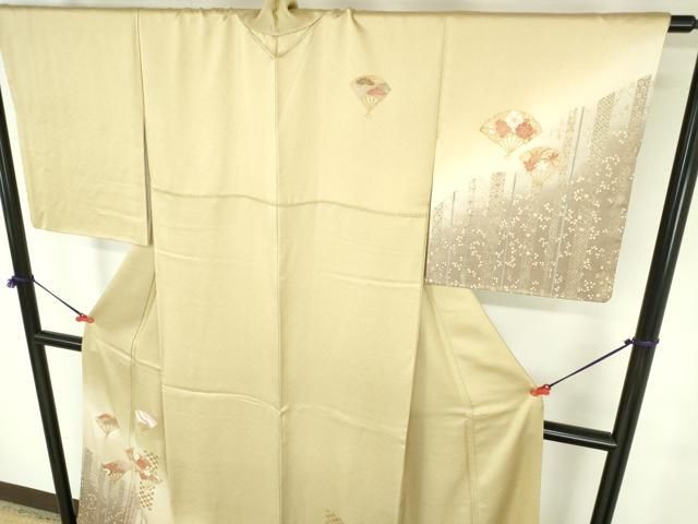 平和屋着物○訪問着 扇面花文 暈し染め 金彩 反端付き 正絹 逸品