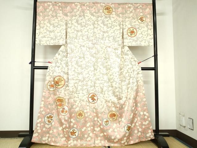 平和屋着物●訪問着　駒刺繍　草花丸文　暈し染め　金彩　正絹　逸品　DABH0855op