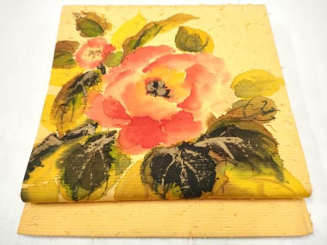 平和屋着物●九寸開き名古屋帯　髭紬　ろうけつ染　牡丹　金彩　正絹　逸品　CABJ8619hy
