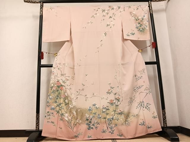 平和屋着物●十日町友禅作家　松雨　訪問着　枝花文　暈し染め　金彩　正絹　逸品　未使用　AABK7090ph