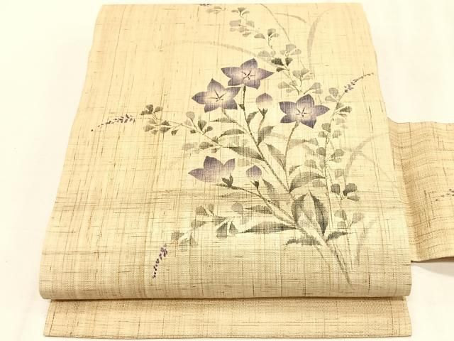 平和屋着物＊夏物　九寸名古屋帯　手描き　桔梗　麻　逸品　CABK1239fb
