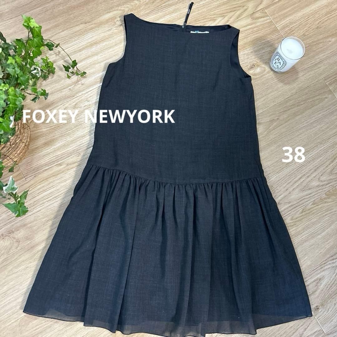 FOXEYフォクシーニューヨーク　ギャザーワンピース　38　リッチグレー　ドレス