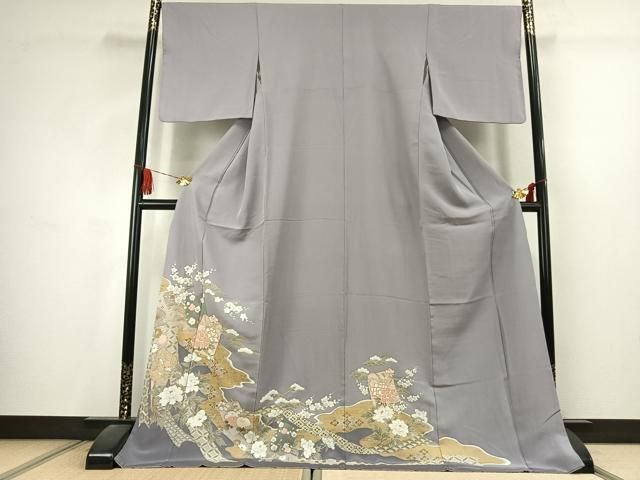 平和屋着物●色留訪問着　駒刺繍　草花文　金彩　ロング丈　正絹　逸品　AABK1596fy