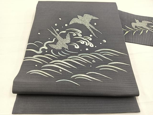 平和屋着物＊夏物　絽塩瀬　九寸名古屋帯　駒刺繍　立波飛鳥文　正絹　逸品　BAAX7578hv