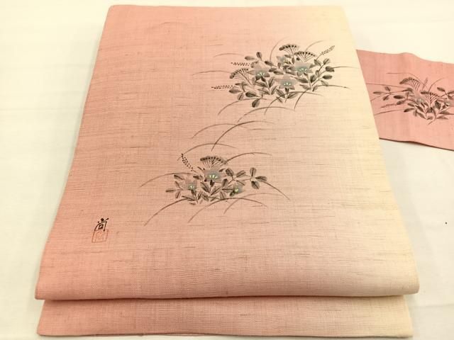 平和屋着物＊夏物　九寸名古屋帯　作家物　手描き　桔梗　金彩　麻　逸品　BAAX7591hv