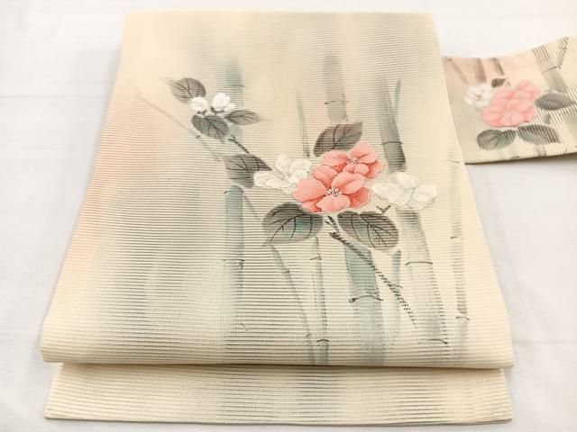 平和屋着物＊夏物　九寸名古屋帯　手描き　牡丹竹文　銀糸　正絹　逸品　BAAX7633hv