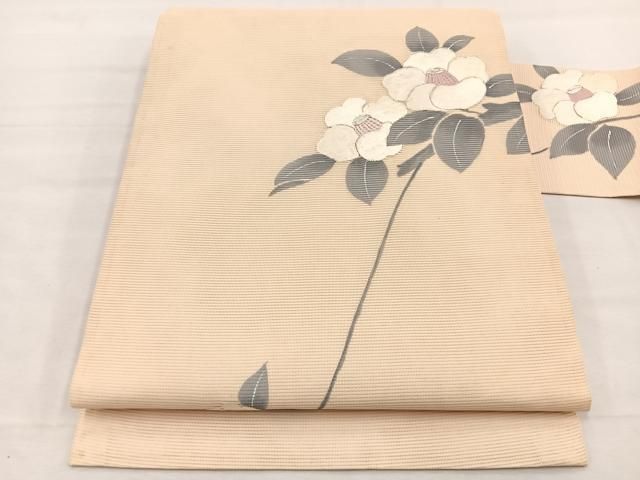 平和屋着物＊夏物　九寸名古屋帯　手描き　駒刺繍　椿　銀糸　正絹　逸品　BAAX7639hv