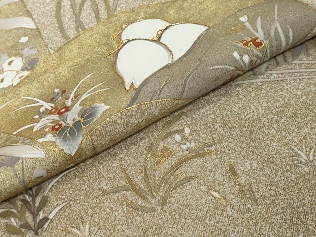 訪問着 草花文 金彩 ますいわ屋 逸品 平和屋着物○訪問着 駒刺繍 流水地紙草花文 金彩 ますいわ屋扱い 正絹