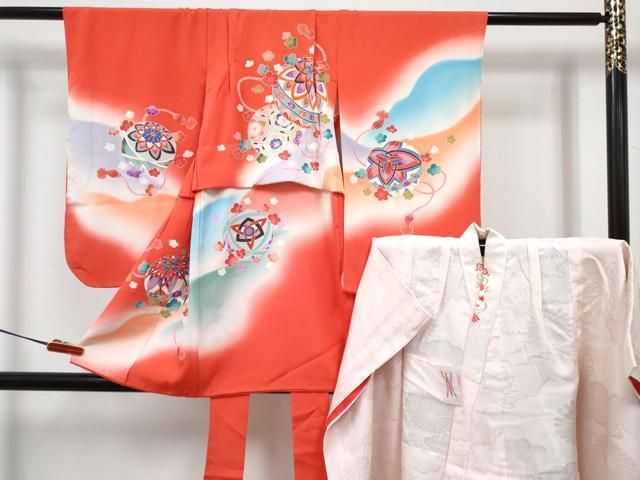 平和屋着物[]七五三　女の子　３歳　祝着　三つ身　長襦袢(袷・半衿刺繍)セット　鞠花文　暈し染め　金彩　逸品　DABG3014ma