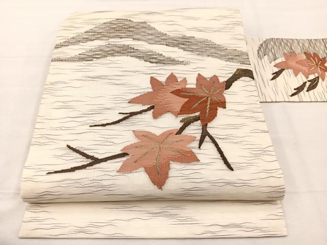 平和屋着物＊夏物　九寸名古屋帯　すくい織　遠山楓文　金糸　正絹　逸品　BAAX7482hv