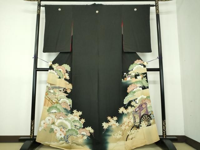 平和屋着物●アンティーク　大正ロマン　黒留袖　駒刺繍　吉祥風景花文　暈し染め　金彩　正絹　逸品　DABG8263ps