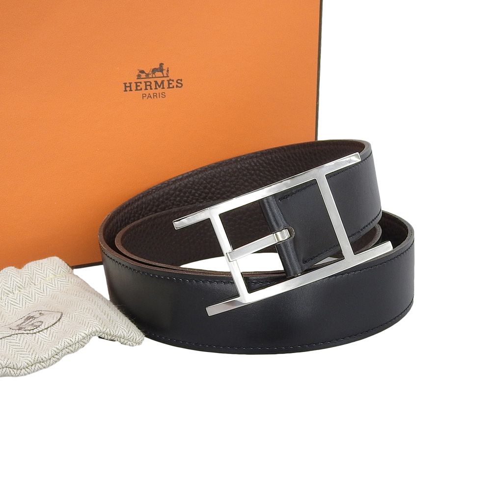 【本物保証】 箱・布袋付 超美品 エルメス HERMES カンタン □L刻印 85 メンズ ベルト ボックスカーフ トリヨンクレマンス リバーシブル
