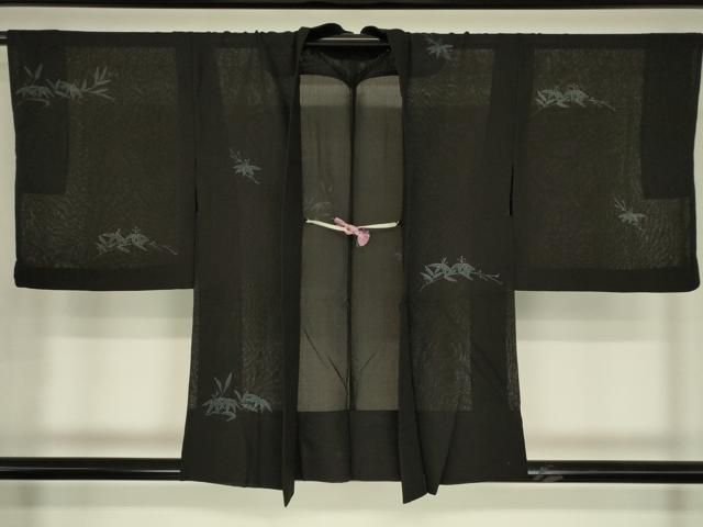 平和屋着物▽羽織　スリーシーズン　春夏秋　塵除け　笹文　手描き　黒地　正絹　逸品　DABG0662az