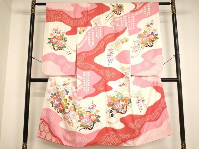 平和屋着物[]七五三　女の子　７歳　祝着　四つ身　絞り　花車文　金彩　逸品　AABJ5280ja