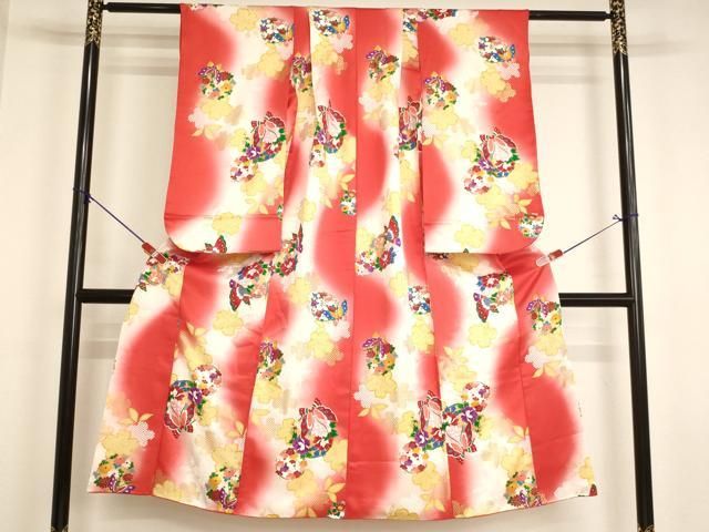 平和屋着物[]七五三　女の子　７歳　祝着　四つ身　花蝶丸文　暈し染め　金彩　洗える着物　AABJ5267ja