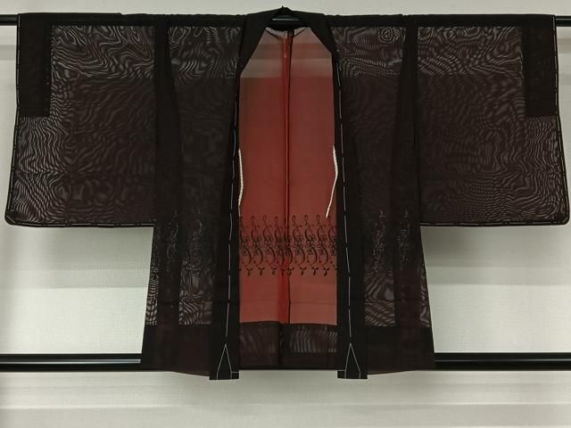 平和屋着物▽羽織　スリーシーズン　春夏秋　塵除け　刺繍　草花文　黒地　正絹　逸品　未使用　AABJ6074jh