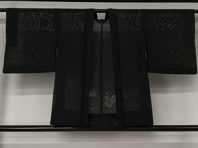 平和屋着物▽羽織　スリーシーズン　春夏秋　塵除け　枝葉文　黒地　正絹　逸品　AABJ6077jh
