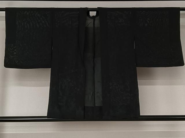 平和屋着物▽羽織　スリーシーズン　春夏秋　塵除け　草葉文　黒地　正絹　逸品　AABJ6079jh