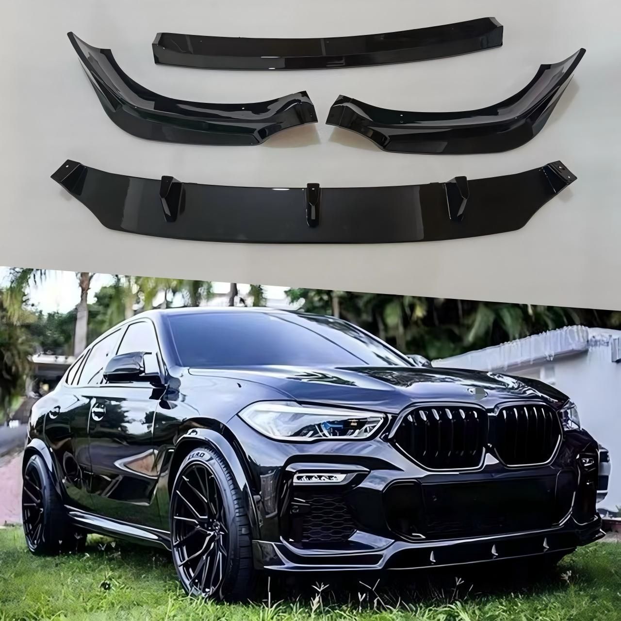 BMW X6 G06 2020-2023対応 フロントリップスポイラー 4分割 フロントバンパー用 ABS製 ブラック 無加工取付 外装アクセント