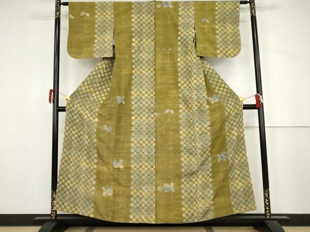 平和屋着物●上質な紬　雲絞り　草花間道　正絹　逸品　AABJ3787cs
