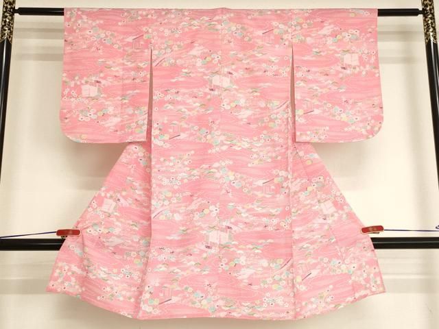 平和屋着物[]七五三　女の子　３歳　祝着　三つ身　単衣　雲取り風景花文　洗える着物　AABJ5262ja