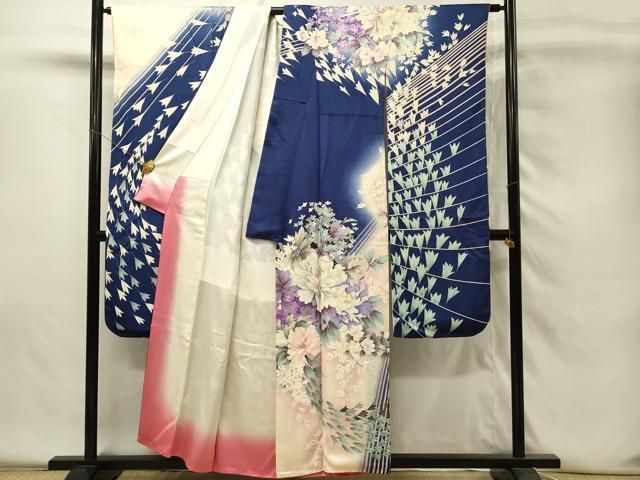 振袖　やまと謹製　銀駒刺繍　銀彩　刺繍　牡丹　たたき染　花影　着物　056k u 振袖 やまと謹製 銀駒刺繍 銀彩 刺繍 牡丹 たたき染 花影 着物 056k u