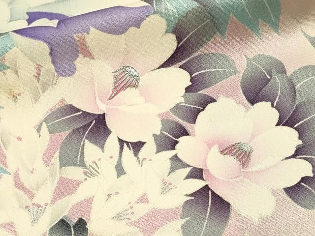 振袖　やまと謹製　銀駒刺繍　銀彩　刺繍　牡丹　たたき染　花影　着物　056k u 振袖 やまと謹製 銀駒刺繍 銀彩 刺繍 牡丹 たたき染 花影 着物 056k u