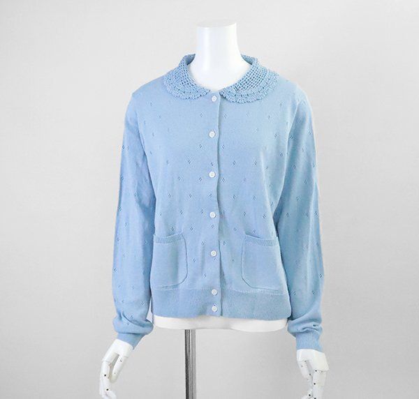 美品* CoC by CARA O CRUZ ◆ 26SS レース襟 パンチング柄 カーディガン サイズ9(M) ブルー キャラ オ クルス レリアン ◆GG22
