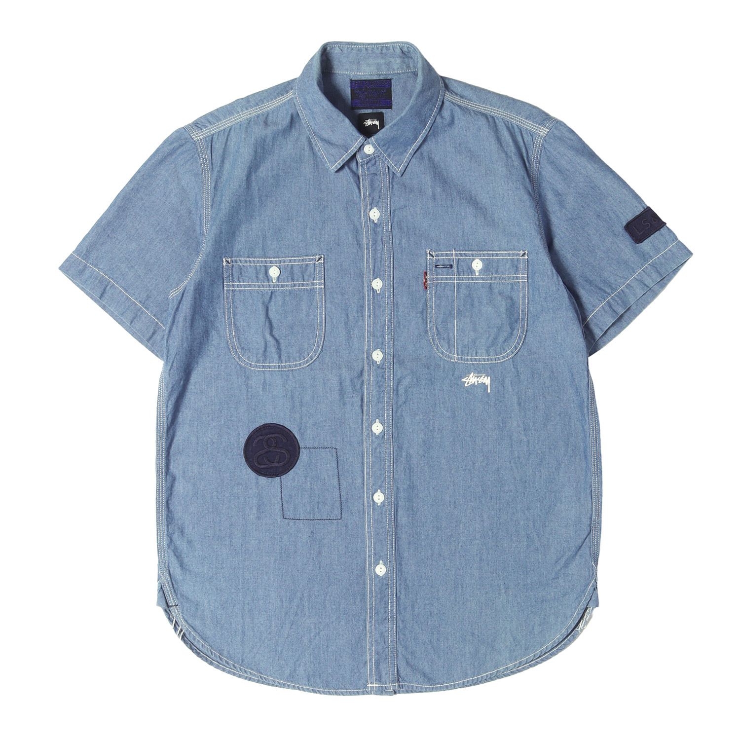 STUSSY ステューシー シャツ ブルー サイズ:M Levis ワッペン付き シャンブレー ワーク 半袖シャツ トップス カジュアルシャツ コラボ【メンズ】【中古】 8,045円