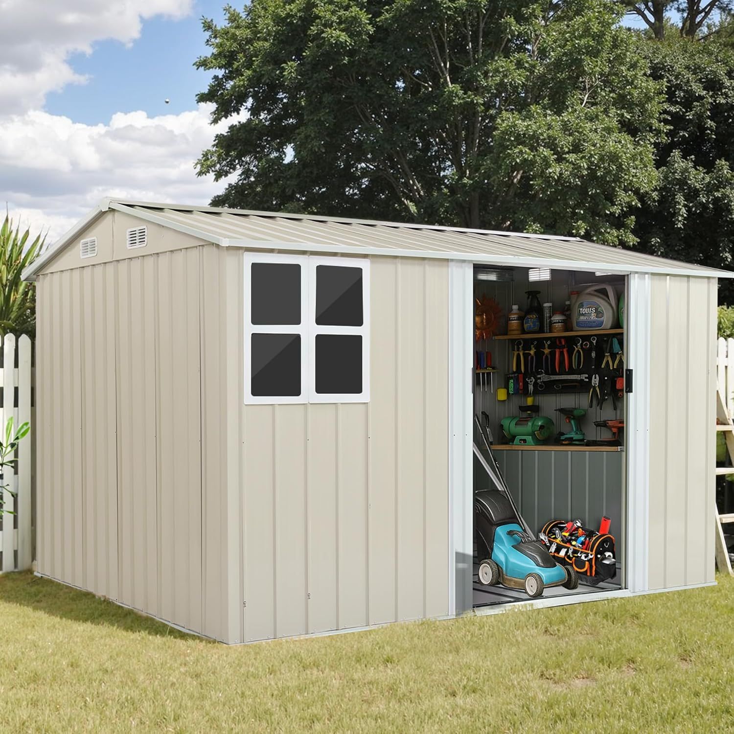 BTM 物置 屋外 大型 スチール 倉庫 290x232x195cm 床材補強フレーム付 防水 防さび おしゃれ ガーデニング 庭 ベランダ 戸外収納庫