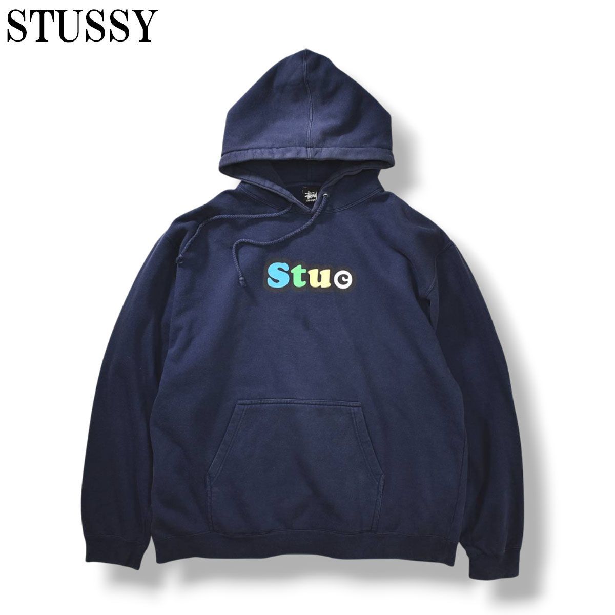 00sヴィンテージ USA製 ステューシー STUSSY STUC HOODIE ロゴプリント スウェット フーディー パーカー 裏起毛 スケーター ストリート XL ネイビー メンズ