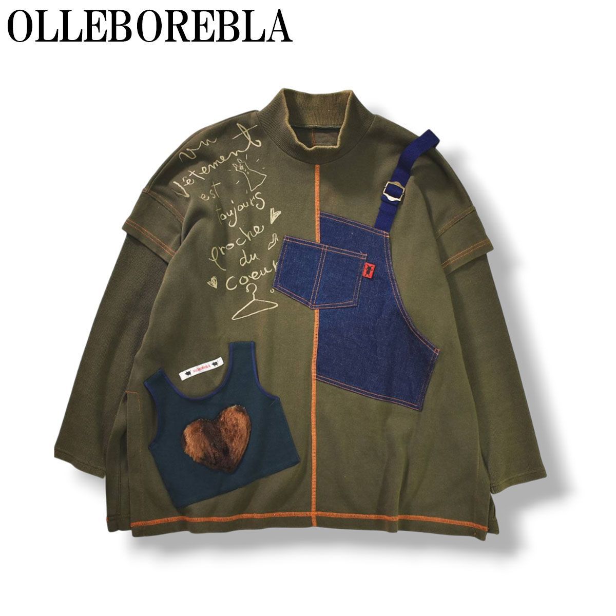 オレボレブラ OLLEBOREBLA アルベロベロ ALBEROBELLO デニム切替 デザイン ハイネック スウェット トレーナー ハートボア フェイクレイヤード ぶたさん オリーブ レディース ♪