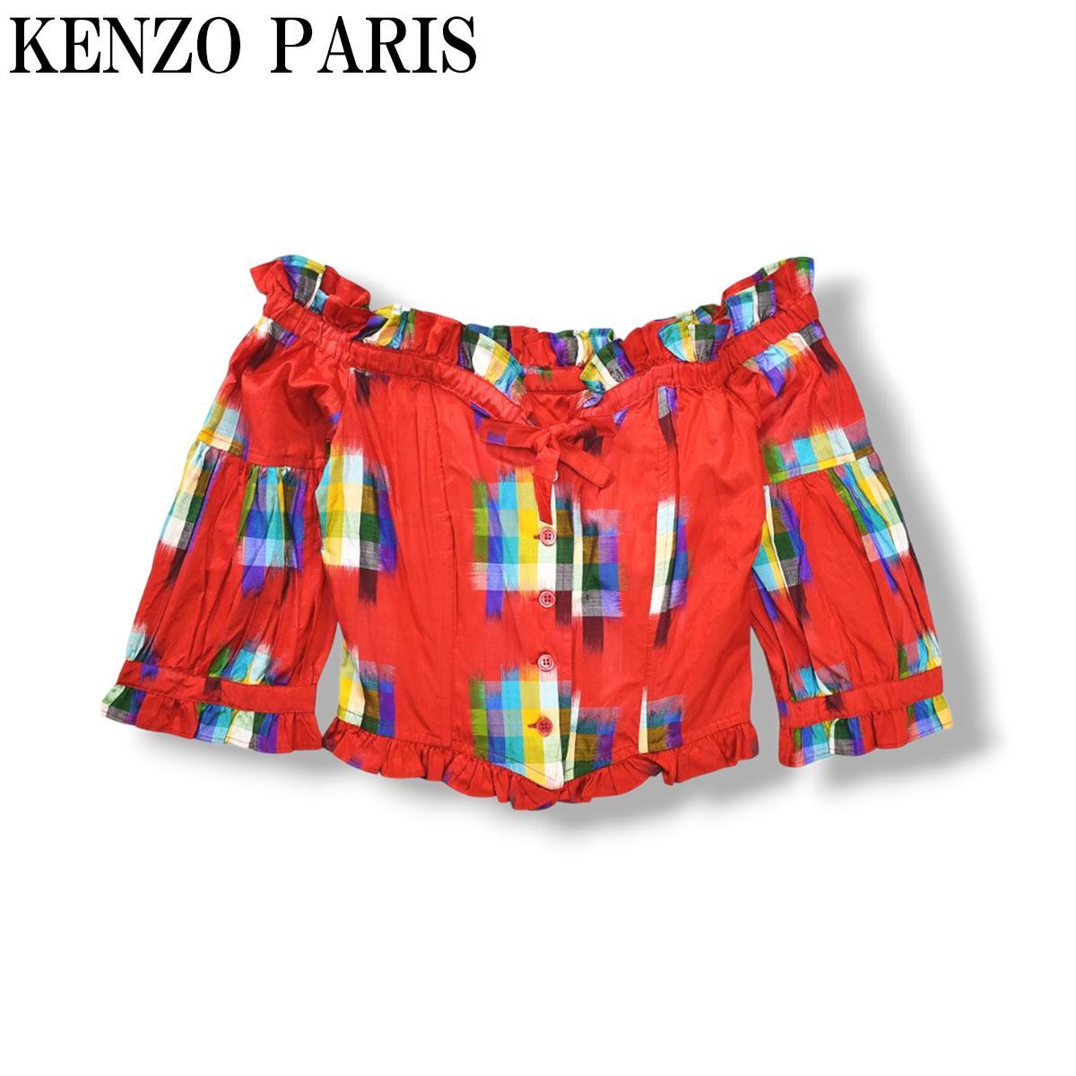 【入手困難】 90s archive フランス製 ケンゾー KENZO PARIS オフショルダー コルセット ブラウス シルク 総柄 7分袖 デザイナーズ アーカイブ 36 レッド レディース ♪