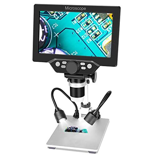 デジタル顕微鏡 マイクロスコープ USB電子顕微鏡 1-1200倍率 7インチLCD顕微鏡 12MP 1080P アルミニウム合金 スタンド付き 8LEDライト 補助光2個付き 電子マイクロスコー 拡大鏡 バッテリー＋曲面ライト付き 生物観察 aeff26dd