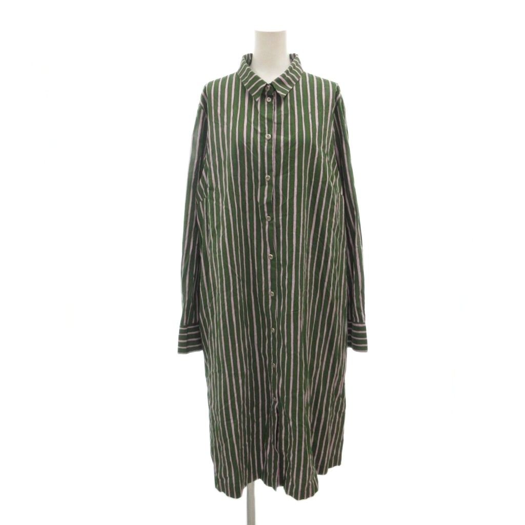 マリメッコ marimekko シャツワンピース ロング丈 44 緑 グリーン 桃色 ピンク ストライプ柄 /SC ■ECF006