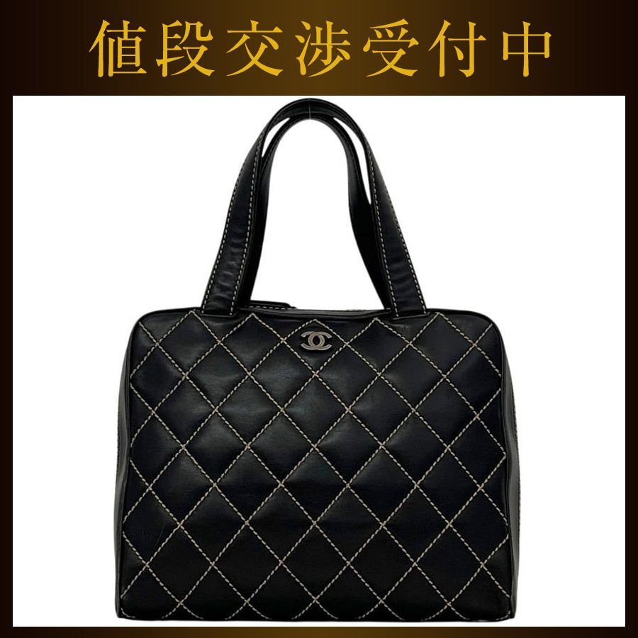 シャネル ハンドバッグ ブラック 黒 ワイルドステッチ A14693 美品 トートバッグ ラムスキン 中古 6808573 CHANEL ココマーク ステッチ ファスナー
