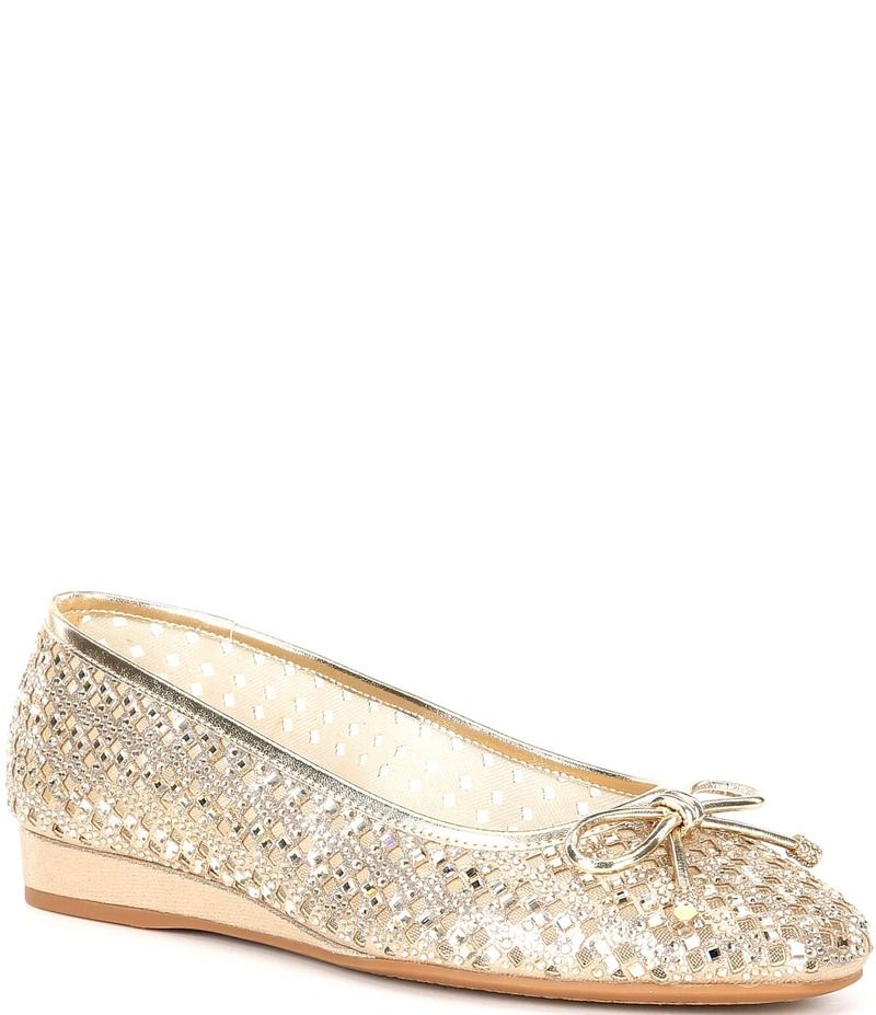アレックスマリー レディース シューズ パンプス ミニ Alex Marie Fiore Rhinestone Woven Bow Detail Mini Wedge Flats Soft Gold