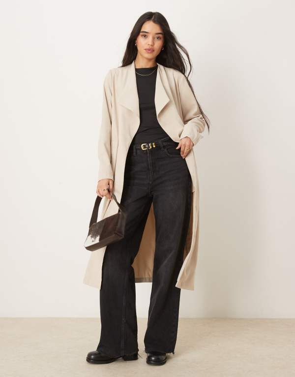 ヴィラ レディース アウター コート VILA belted waterfall trench coat in stone Feather gray グレー