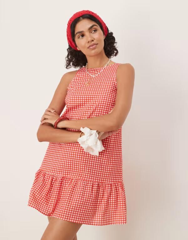 エイソス レディース トップス ワンピース ギンガムチェック ミニ ギンガム ASOS DESIGN dropped waist mini shift dress with scoop back gi