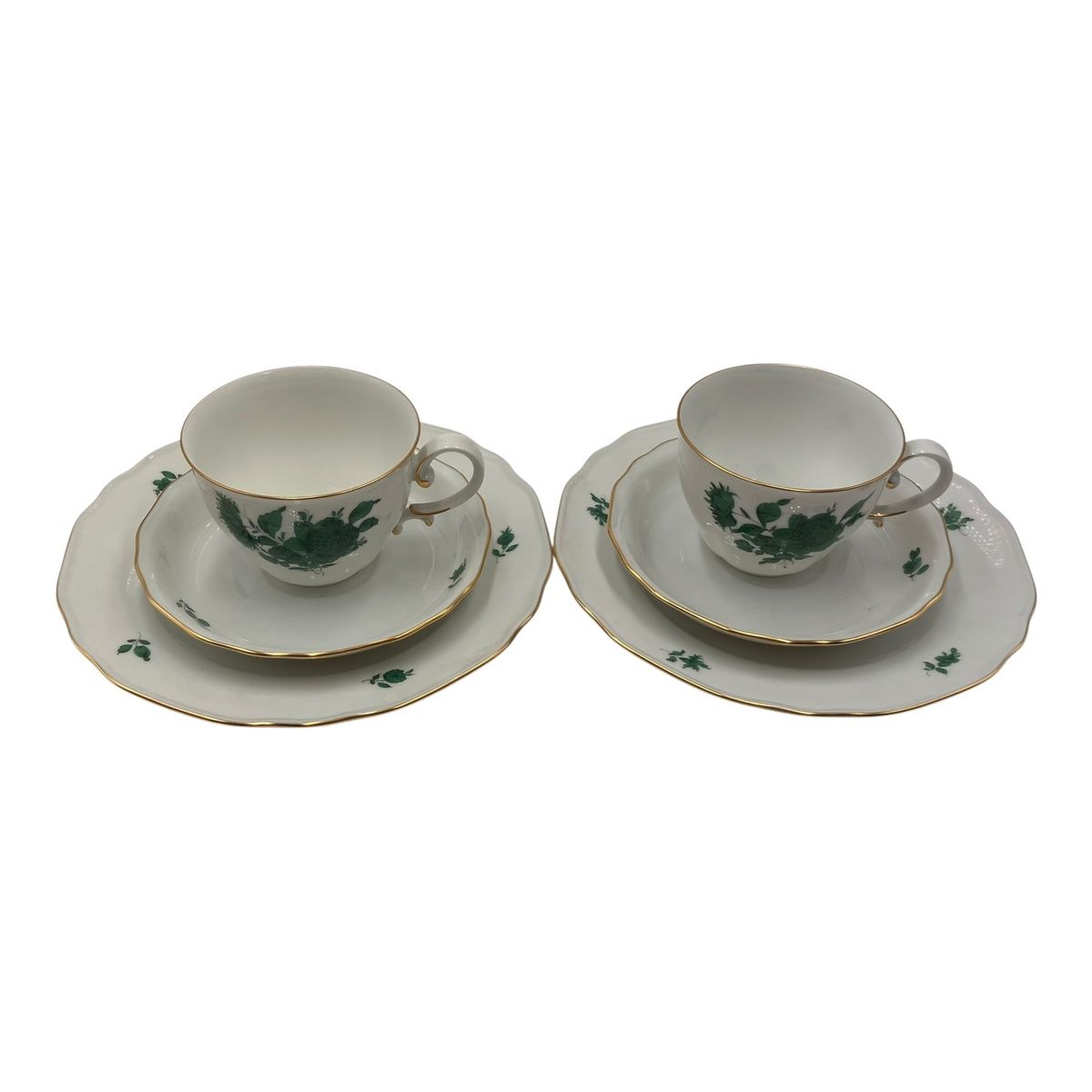 ■ アウガルテン ウィーン トリオ カップ ソーサー プレート 2客 緑 花柄 金彩 食器 2679969,2679969