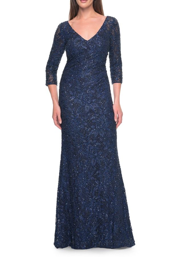 ラフェム レディース トップス ワンピース レース La Femme Fitted Beaded Laceveningown with Ruching Navy ネイビー